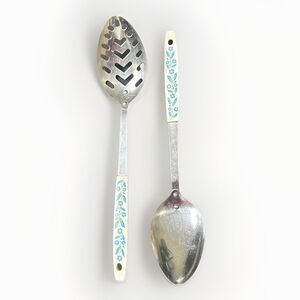 Vintage Household Japan Stainless Steel Serving Spoon Set of 2 Cornflower Blue